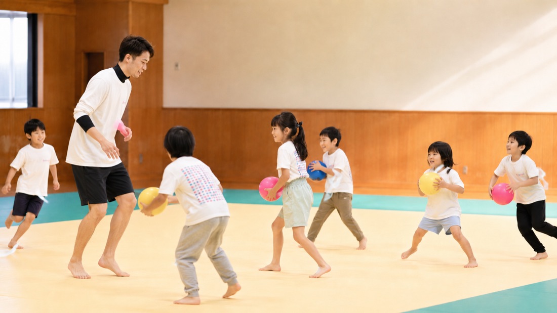 ボールを持って畳の上を動きまわるこどもたちと先生