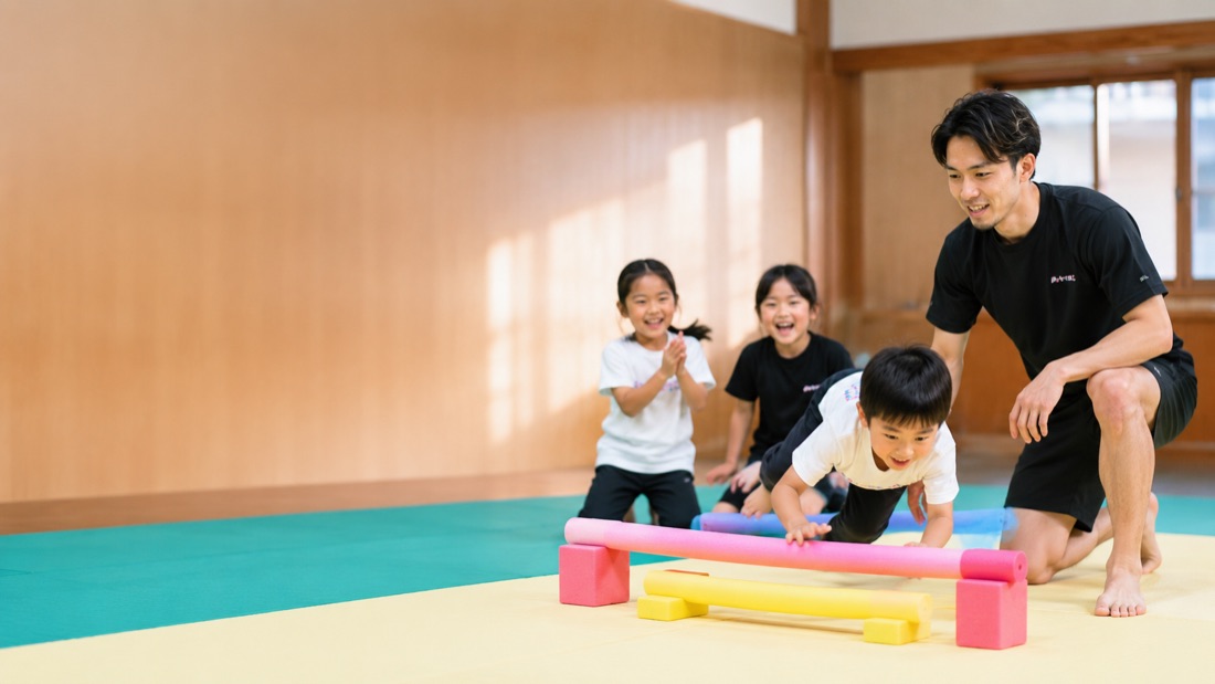 平均台にお腹で乗る子を先生が支え、友だちが手を叩いて応援している